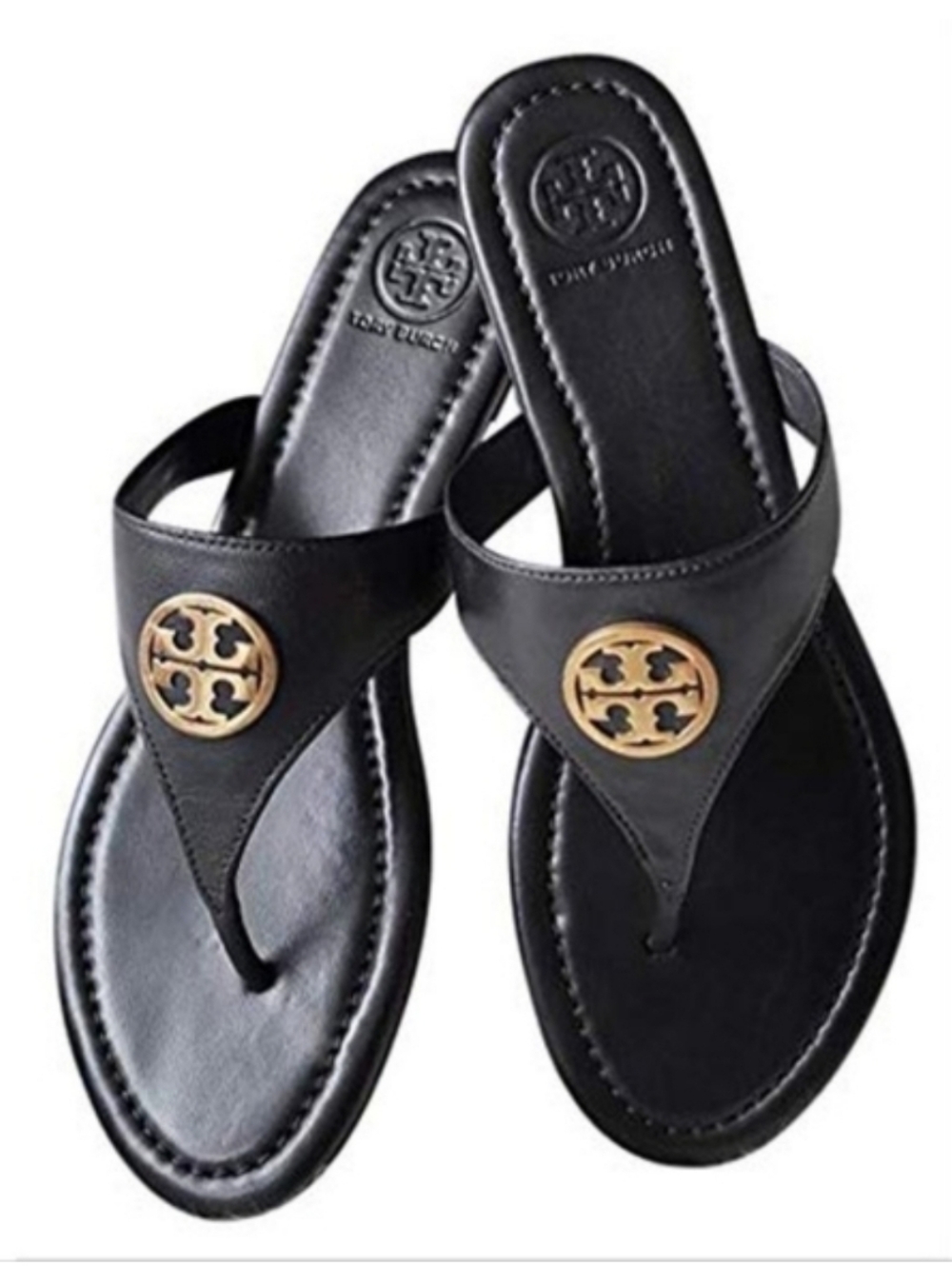 Tory Burch Black Leather Thong Sandals with Gold Logo Medallions